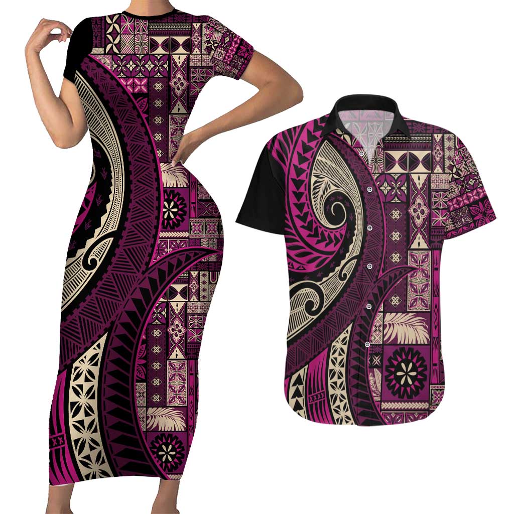 Vintage Samoa Siapo Mamanu Couples Matching Short Sleeve Bodycon Dress and Hawaiian Shirt Pink Samoan Tapa Motif LT9 Pink - Polynesian Pride