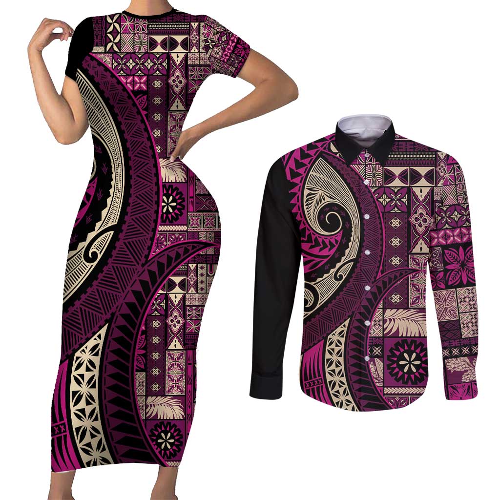Vintage Samoa Siapo Mamanu Couples Matching Short Sleeve Bodycon Dress and Long Sleeve Button Shirt Pink Samoan Tapa Motif LT9 Pink - Polynesian Pride