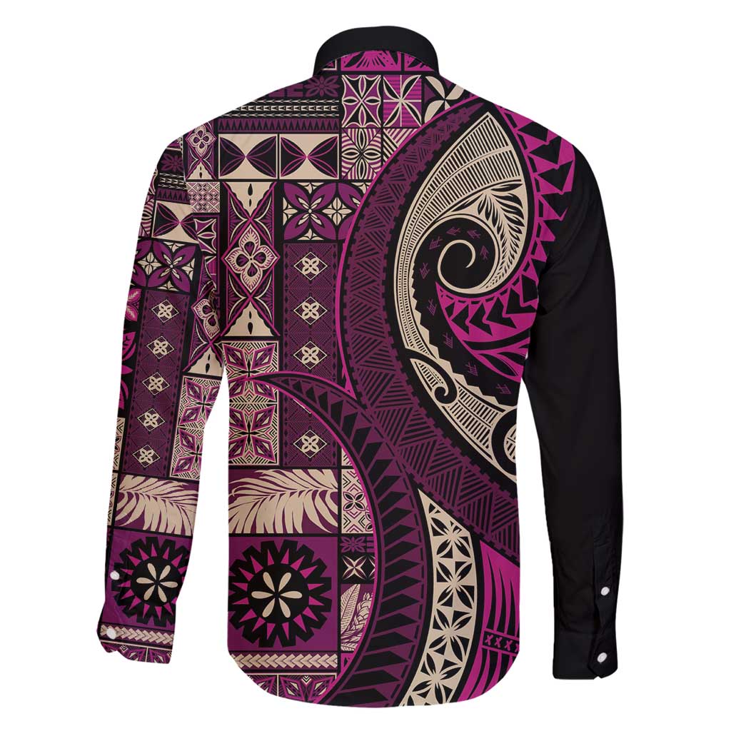 Vintage Samoa Siapo Mamanu Family Matching Long Sleeve Bodycon Dress and Hawaiian Shirt Pink Samoan Tapa Motif - Polynesian Pride