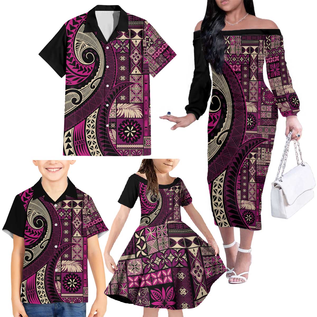 Vintage Samoa Siapo Mamanu Family Matching Off The Shoulder Long Sleeve Dress and Hawaiian Shirt Pink Samoan Tapa Motif - Polynesian Pride