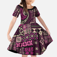 Vintage Samoa Siapo Mamanu Family Matching Off Shoulder Maxi Dress and Hawaiian Shirt Pink Samoan Tapa Motif - Polynesian Pride