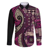 Vintage Samoa Siapo Mamanu Family Matching Off Shoulder Short Dress and Hawaiian Shirt Pink Samoan Tapa Motif - Polynesian Pride