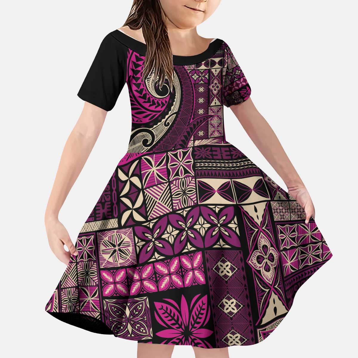 Vintage Samoa Siapo Mamanu Kid Short Sleeve Dress Pink Samoan Tapa Motif - Polynesian Pride