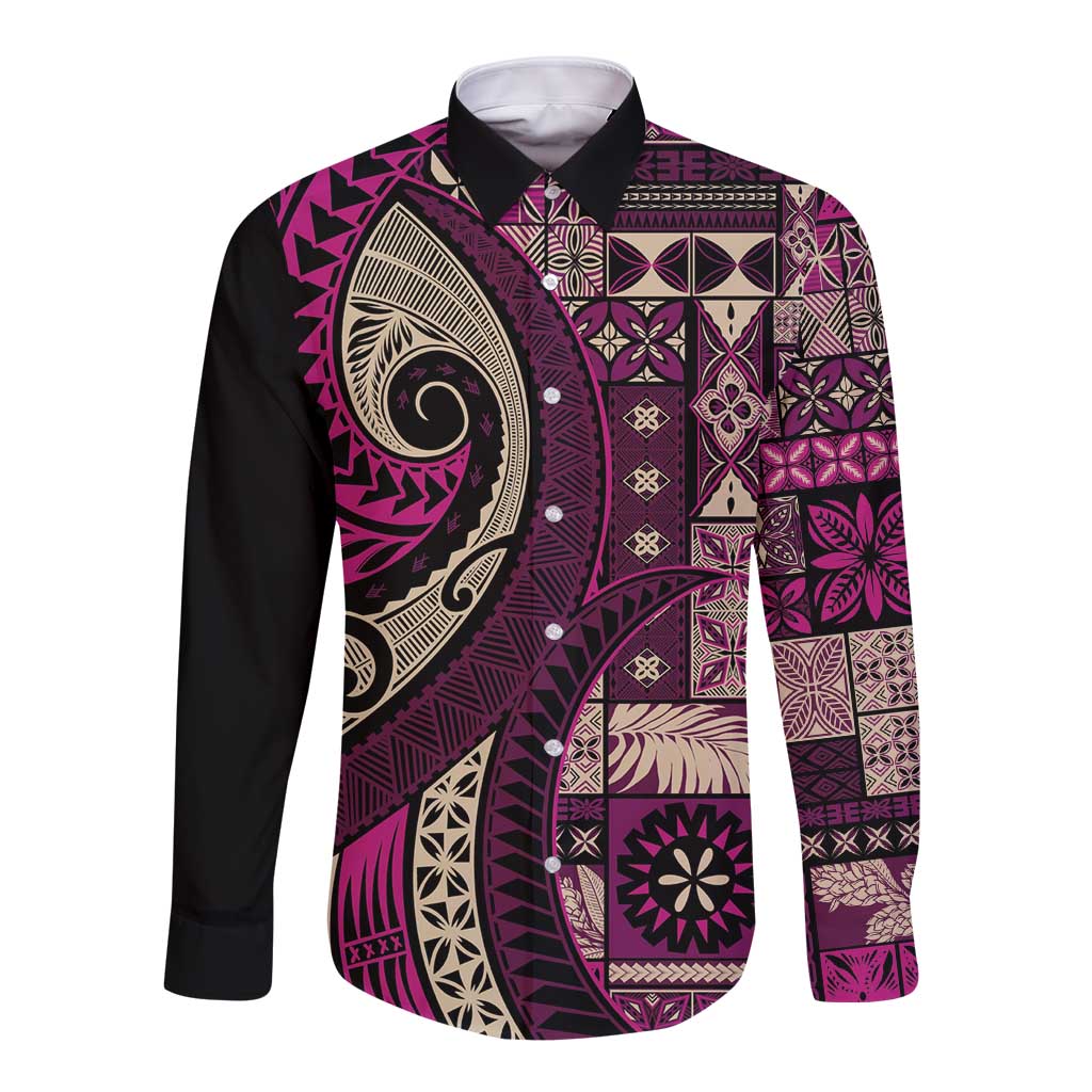 Vintage Samoa Siapo Mamanu Long Sleeve Button Shirt Pink Samoan Tapa Motif - Polynesian Pride