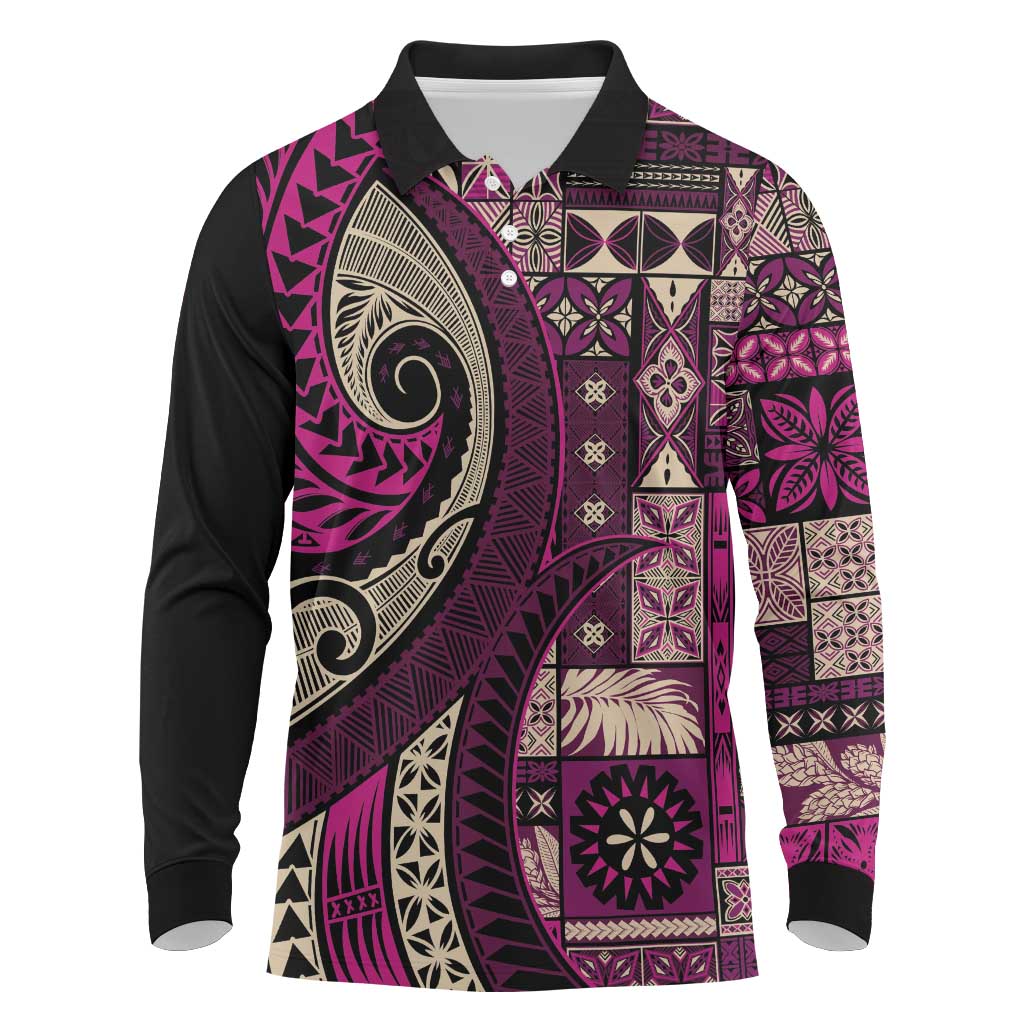 Vintage Samoa Siapo Mamanu Long Sleeve Polo Shirt Pink Samoan Tapa Motif LT9 Pink - Polynesian Pride