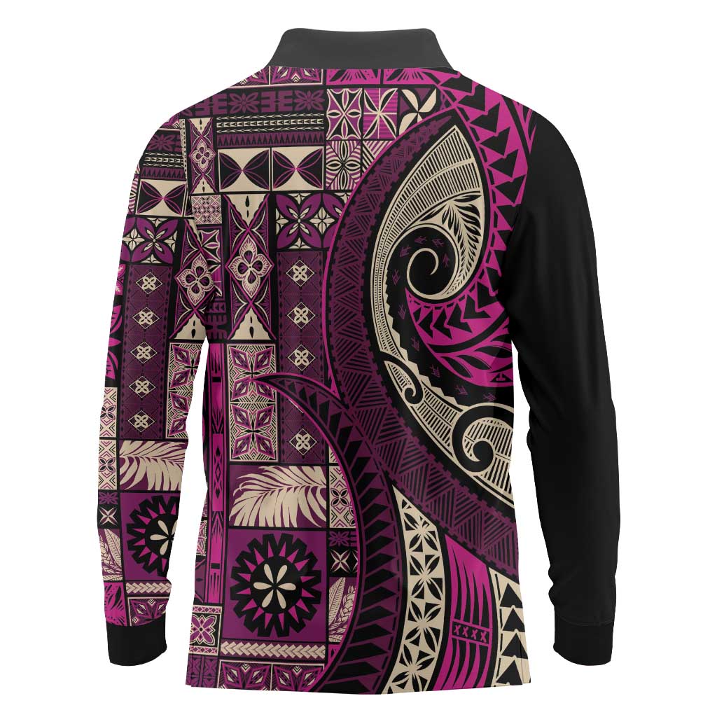 Vintage Samoa Siapo Mamanu Long Sleeve Polo Shirt Pink Samoan Tapa Motif LT9 - Polynesian Pride