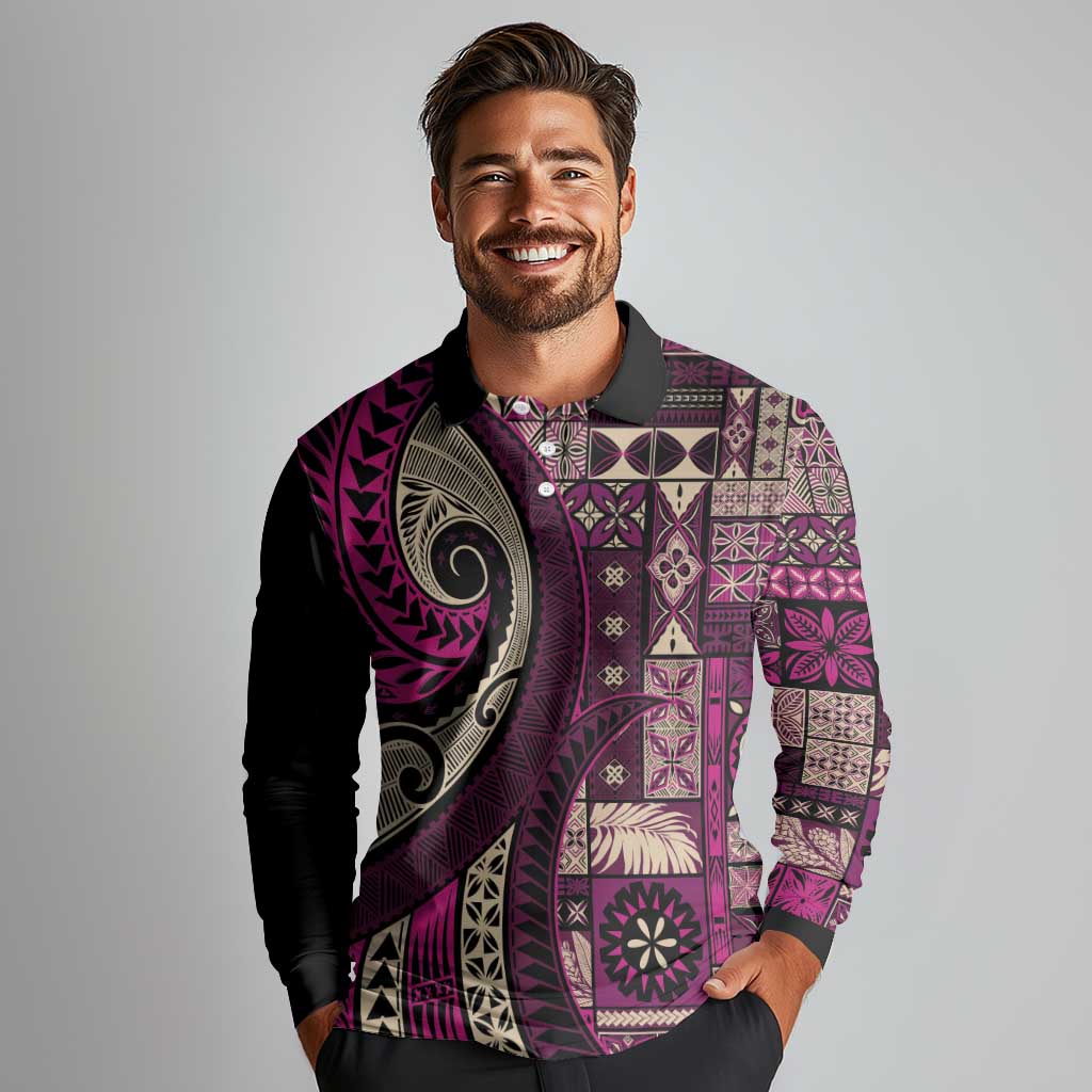Vintage Samoa Siapo Mamanu Long Sleeve Polo Shirt Pink Samoan Tapa Motif LT9 - Polynesian Pride