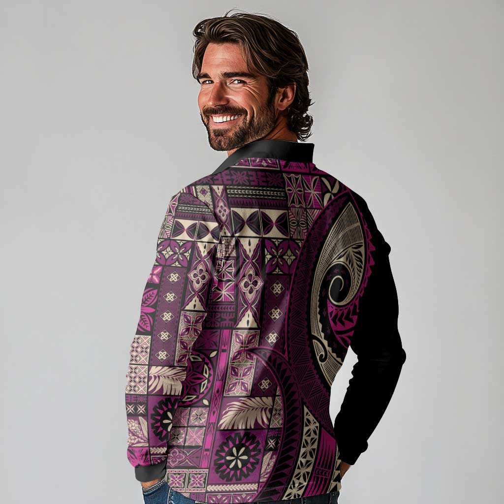 Vintage Samoa Siapo Mamanu Long Sleeve Polo Shirt Pink Samoan Tapa Motif LT9 - Polynesian Pride