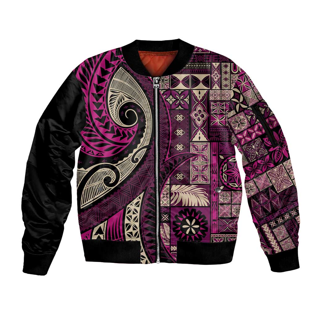 Vintage Samoa Siapo Mamanu Sleeve Zip Bomber Jacket Pink Samoan Tapa Motif LT9 Unisex Pink - Polynesian Pride