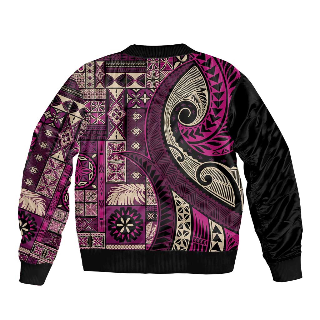 Vintage Samoa Siapo Mamanu Sleeve Zip Bomber Jacket Pink Samoan Tapa Motif LT9 - Polynesian Pride