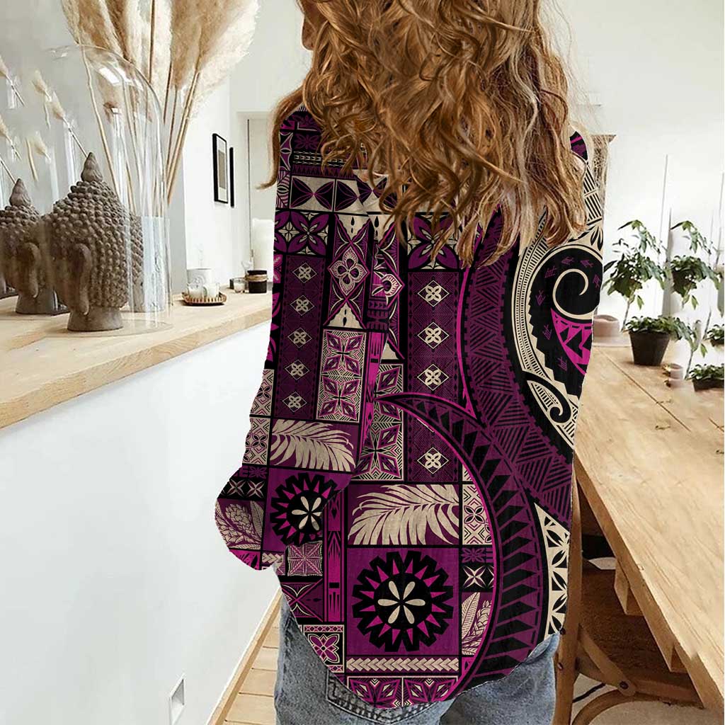 Vintage Samoa Siapo Mamanu Women Casual Shirt Pink Samoan Tapa Motif - Polynesian Pride