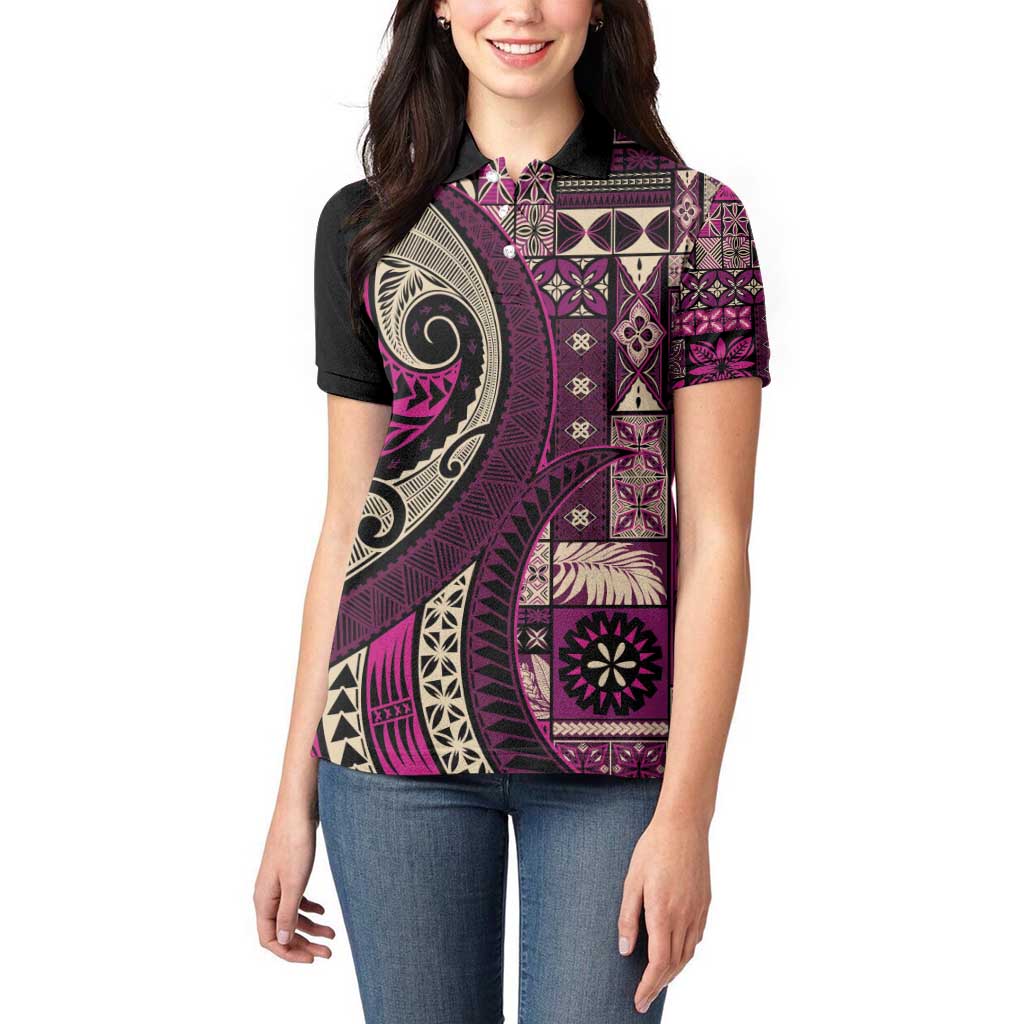 Vintage Samoa Siapo Mamanu Women Polo Shirt Pink Samoan Tapa Motif - Polynesian Pride