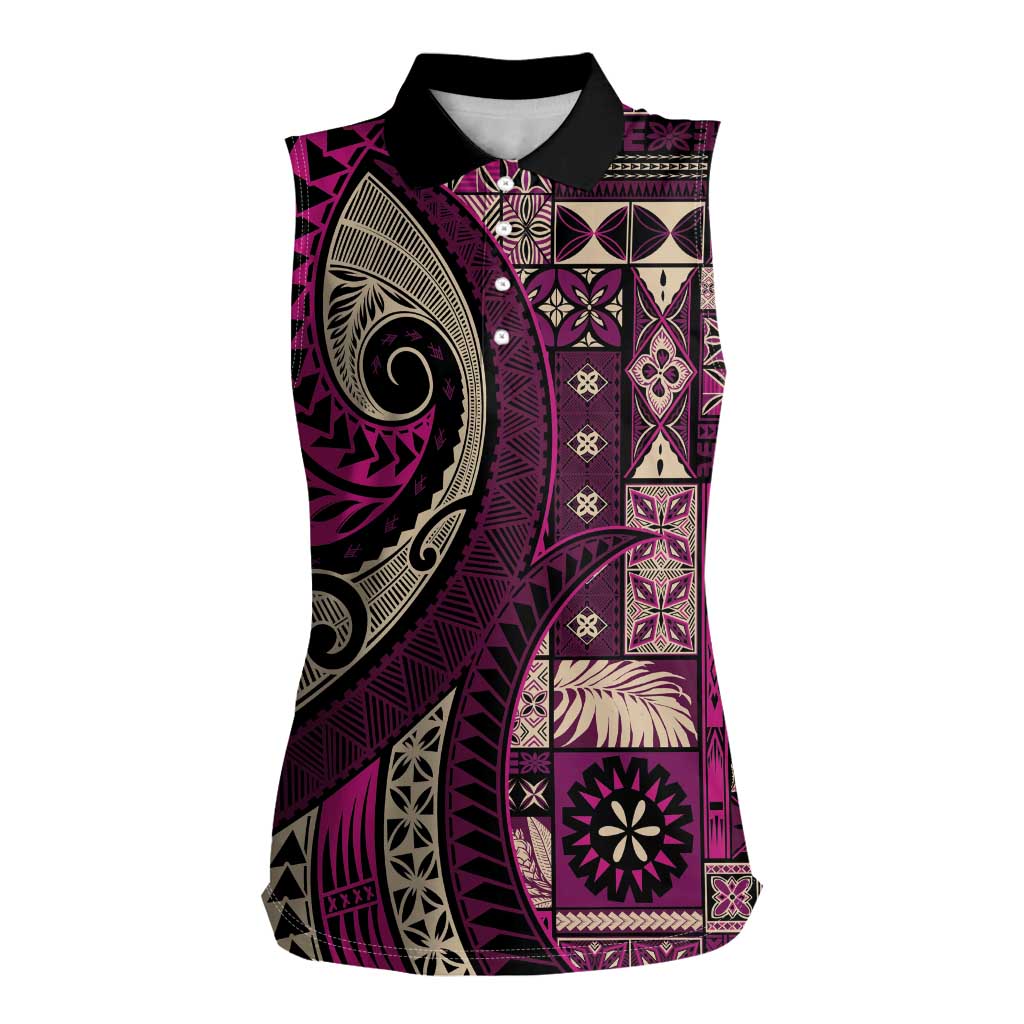 Vintage Samoa Siapo Mamanu Women Sleeveless Polo Shirt Pink Samoan Tapa Motif LT9 Female Pink - Polynesian Pride