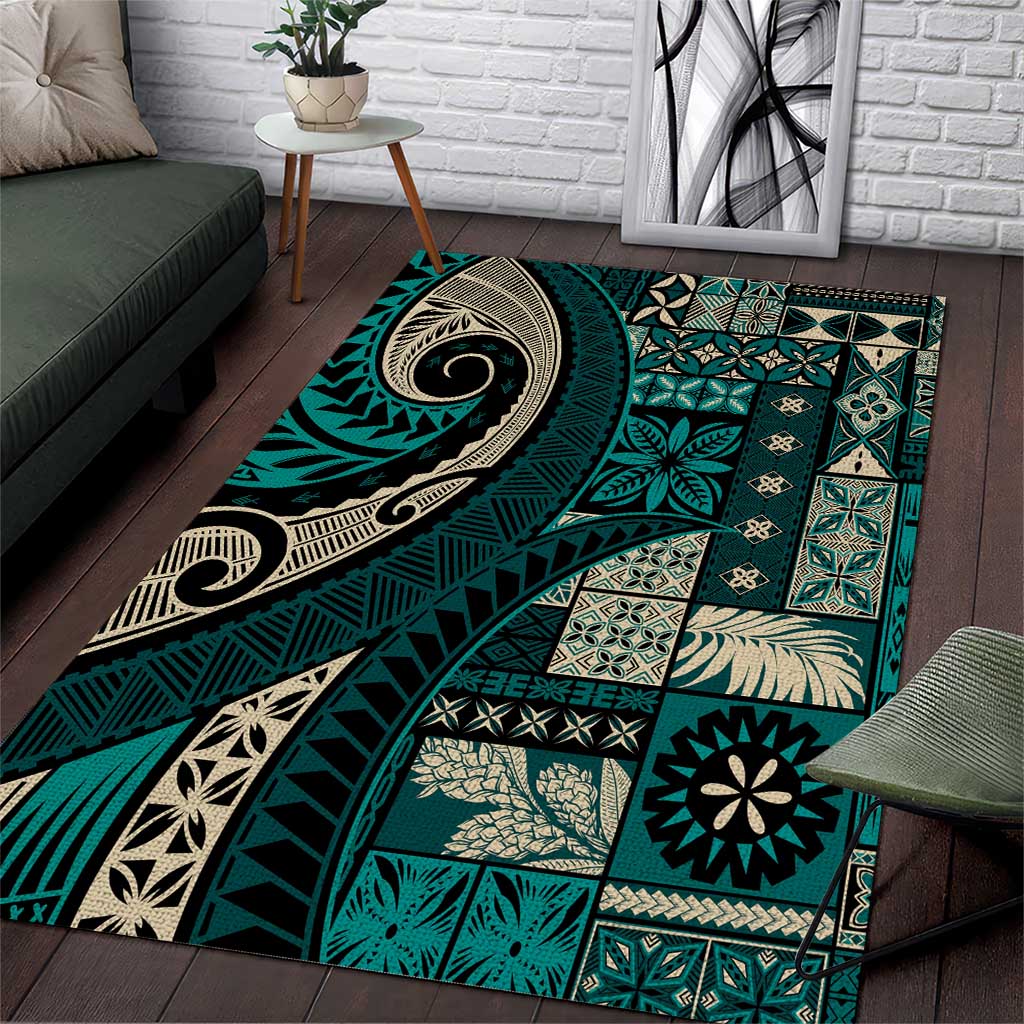 Vintage Samoa Siapo Mamanu Area Rug Teal Samoan Tapa Motif - Polynesian Pride