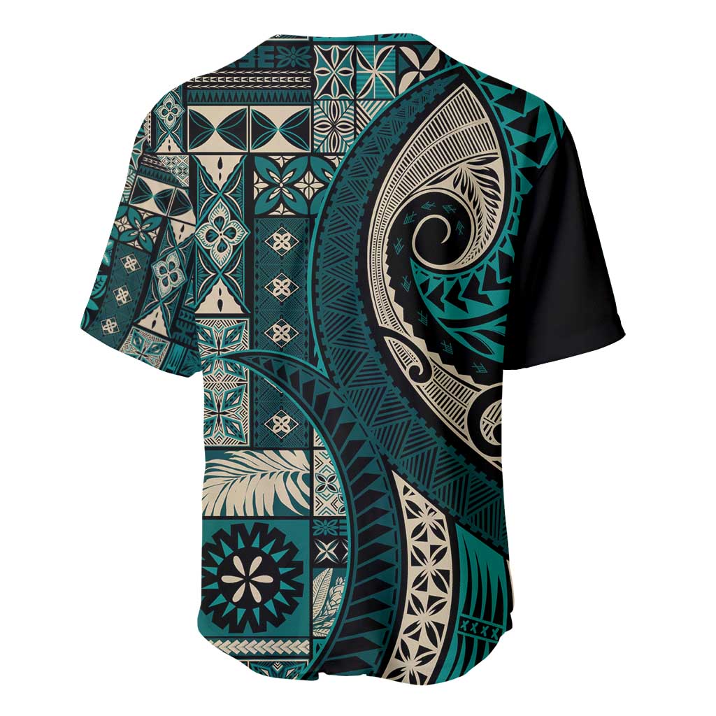 Vintage Samoa Siapo Mamanu Baseball Jersey Teal Samoan Tapa Motif - Polynesian Pride