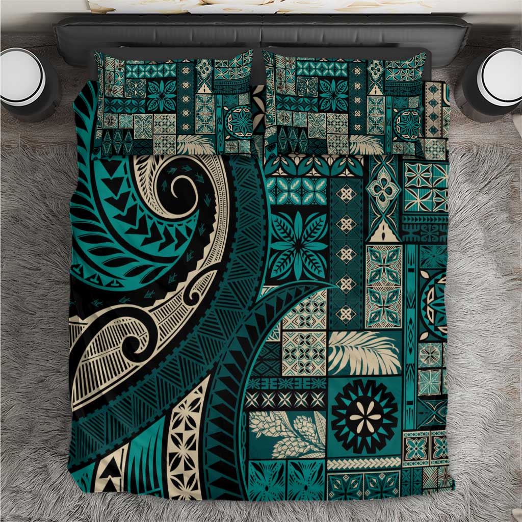 Vintage Samoa Siapo Mamanu Bedding Set Teal Samoan Tapa Motif - Polynesian Pride