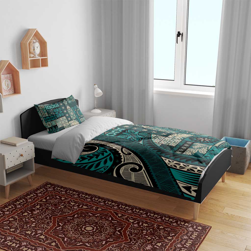 Vintage Samoa Siapo Mamanu Bedding Set Teal Samoan Tapa Motif - Polynesian Pride