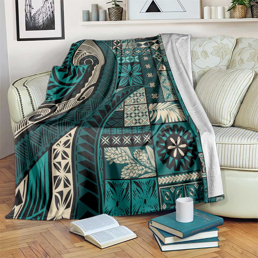 Vintage Samoa Siapo Mamanu Blanket Teal Samoan Tapa Motif LT9 Teal - Polynesian Pride