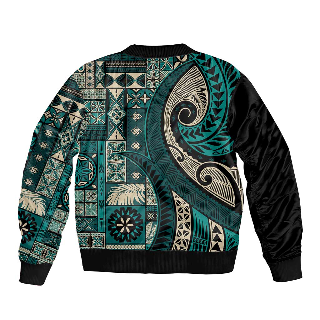 Vintage Samoa Siapo Mamanu Bomber Jacket Teal Samoan Tapa Motif LT9 - Polynesian Pride