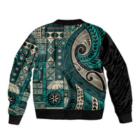 Vintage Samoa Siapo Mamanu Bomber Jacket Teal Samoan Tapa Motif LT9 - Polynesian Pride