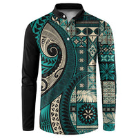 Vintage Samoa Siapo Mamanu Button Sweatshirt Teal Samoan Tapa Motif - Polynesian Pride