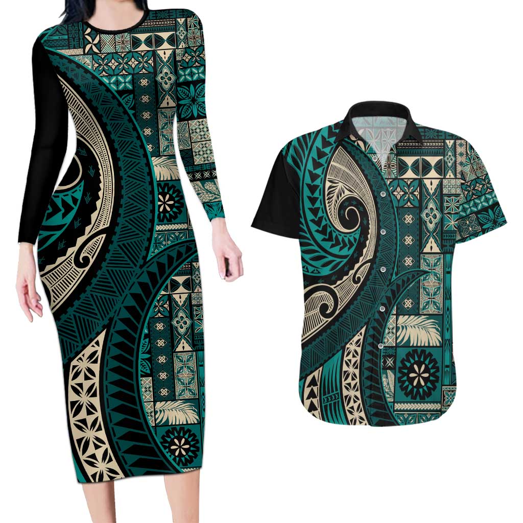 Vintage Samoa Siapo Mamanu Couples Matching Long Sleeve Bodycon Dress and Hawaiian Shirt Teal Samoan Tapa Motif - Polynesian Pride