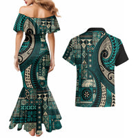Vintage Samoa Siapo Mamanu Couples Matching Mermaid Dress and Hawaiian Shirt Teal Samoan Tapa Motif - Polynesian Pride