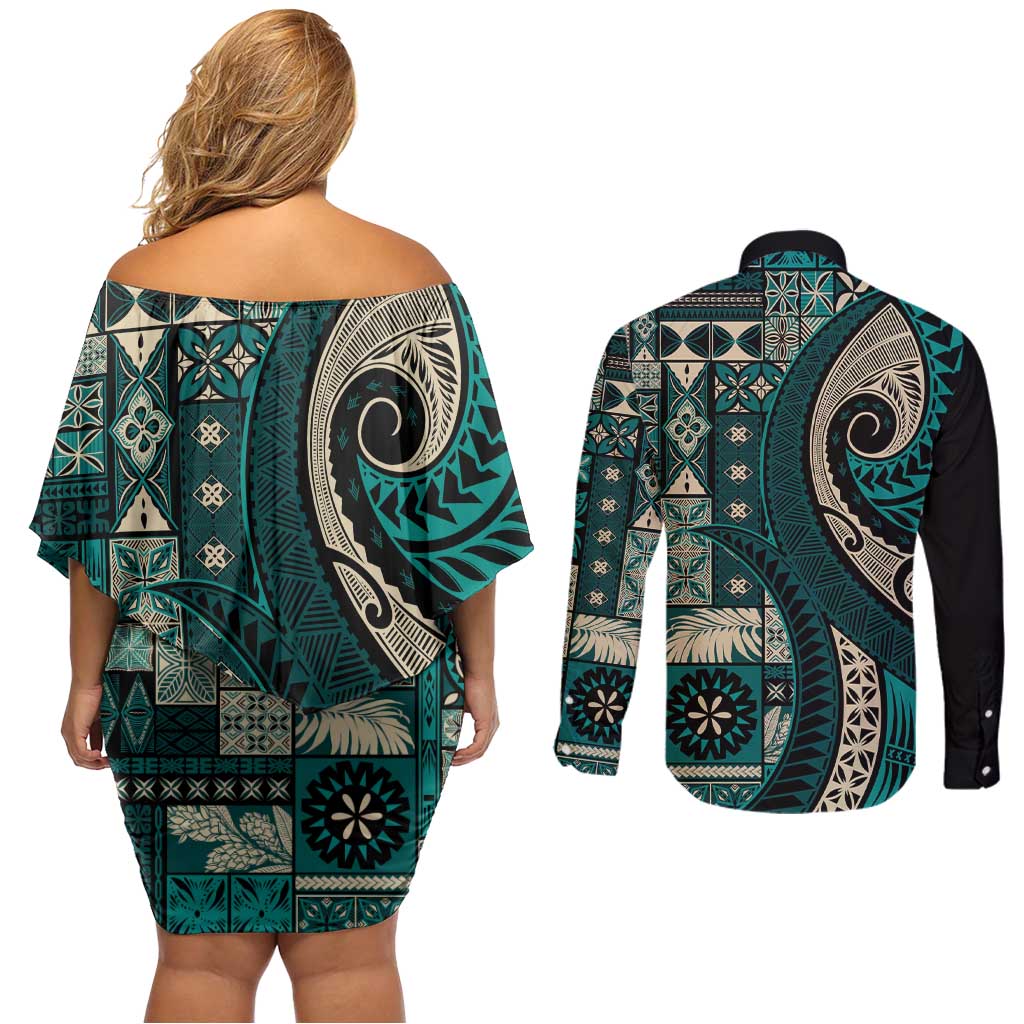 Vintage Samoa Siapo Mamanu Couples Matching Off Shoulder Short Dress and Long Sleeve Button Shirt Teal Samoan Tapa Motif - Polynesian Pride