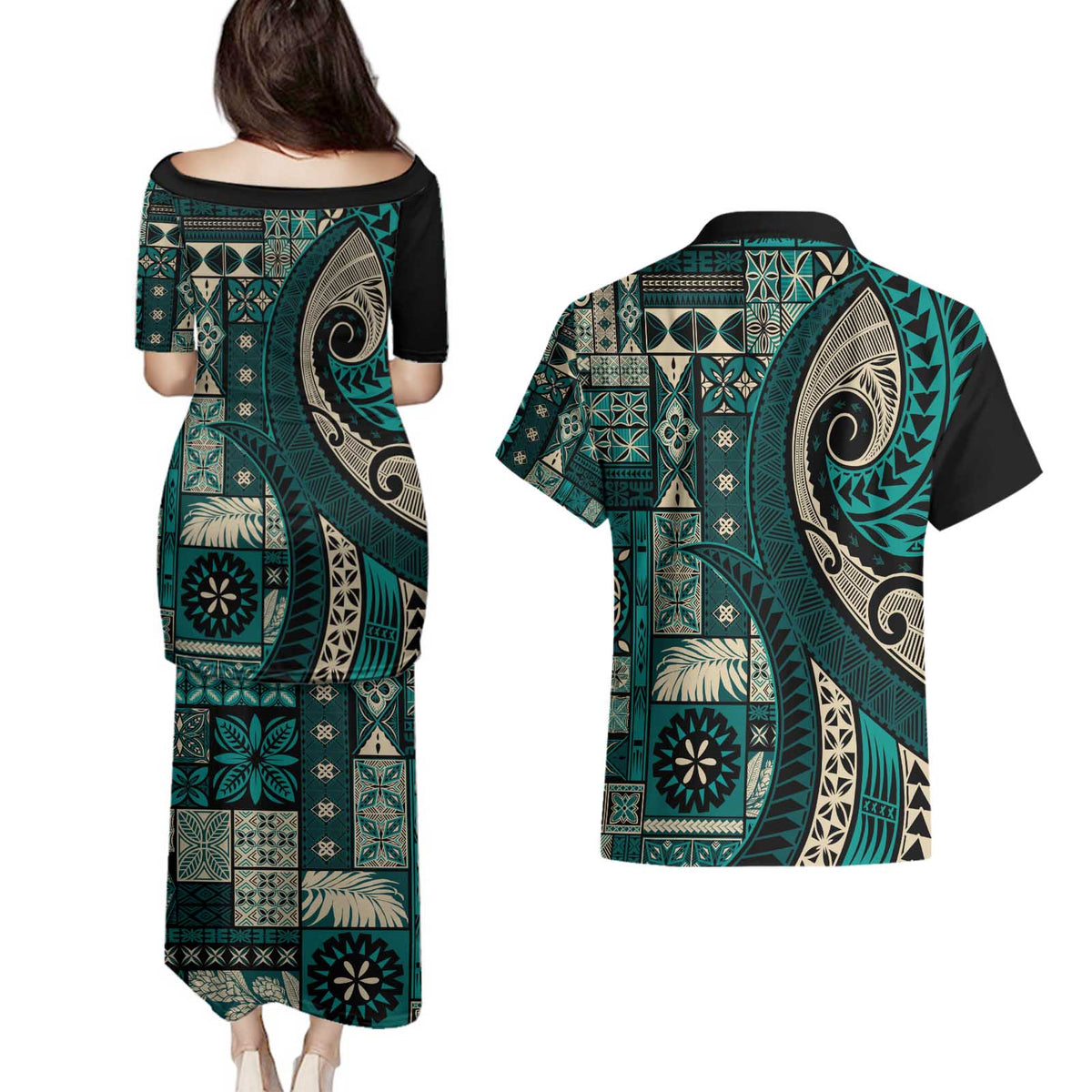 Vintage Samoa Siapo Mamanu Couples Matching Puletasi and Hawaiian Shirt Teal Samoan Tapa Motif - Polynesian Pride