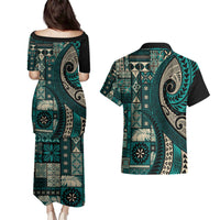 Vintage Samoa Siapo Mamanu Couples Matching Puletasi and Hawaiian Shirt Teal Samoan Tapa Motif - Polynesian Pride