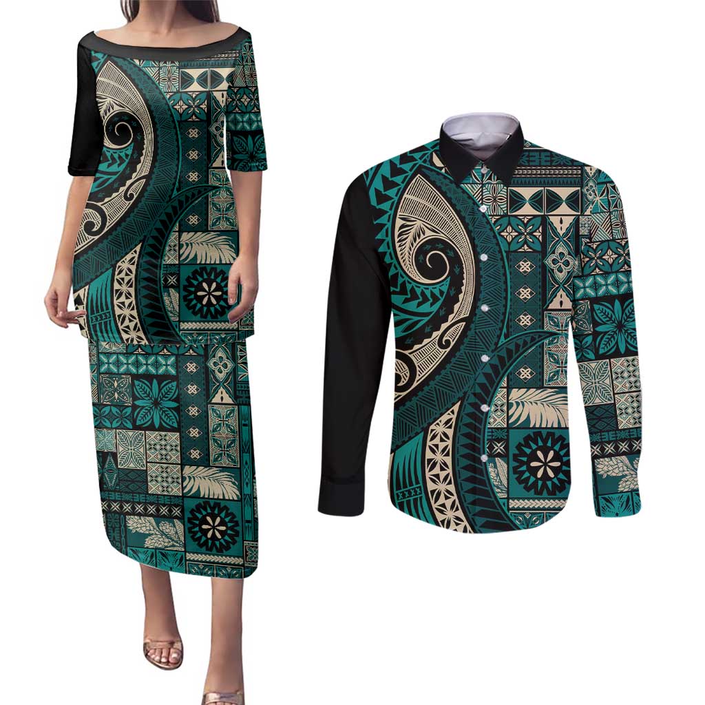 Vintage Samoa Siapo Mamanu Couples Matching Puletasi and Long Sleeve Button Shirt Teal Samoan Tapa Motif LT9 Teal - Polynesian Pride