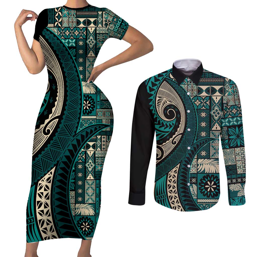 Vintage Samoa Siapo Mamanu Couples Matching Short Sleeve Bodycon Dress and Long Sleeve Button Shirt Teal Samoan Tapa Motif LT9 Teal - Polynesian Pride