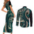 Vintage Samoa Siapo Mamanu Couples Matching Short Sleeve Bodycon Dress and Long Sleeve Button Shirt Teal Samoan Tapa Motif - Polynesian Pride