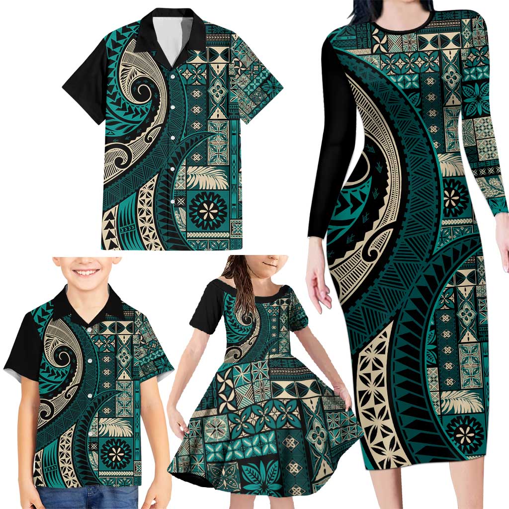 Vintage Samoa Siapo Mamanu Family Matching Long Sleeve Bodycon Dress and Hawaiian Shirt Teal Samoan Tapa Motif - Polynesian Pride