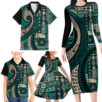 Vintage Samoa Siapo Mamanu Family Matching Long Sleeve Bodycon Dress and Hawaiian Shirt Teal Samoan Tapa Motif - Polynesian Pride