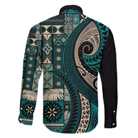 Vintage Samoa Siapo Mamanu Family Matching Long Sleeve Bodycon Dress and Hawaiian Shirt Teal Samoan Tapa Motif - Polynesian Pride