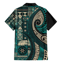 Vintage Samoa Siapo Mamanu Family Matching Mermaid Dress and Hawaiian Shirt Teal Samoan Tapa Motif - Polynesian Pride