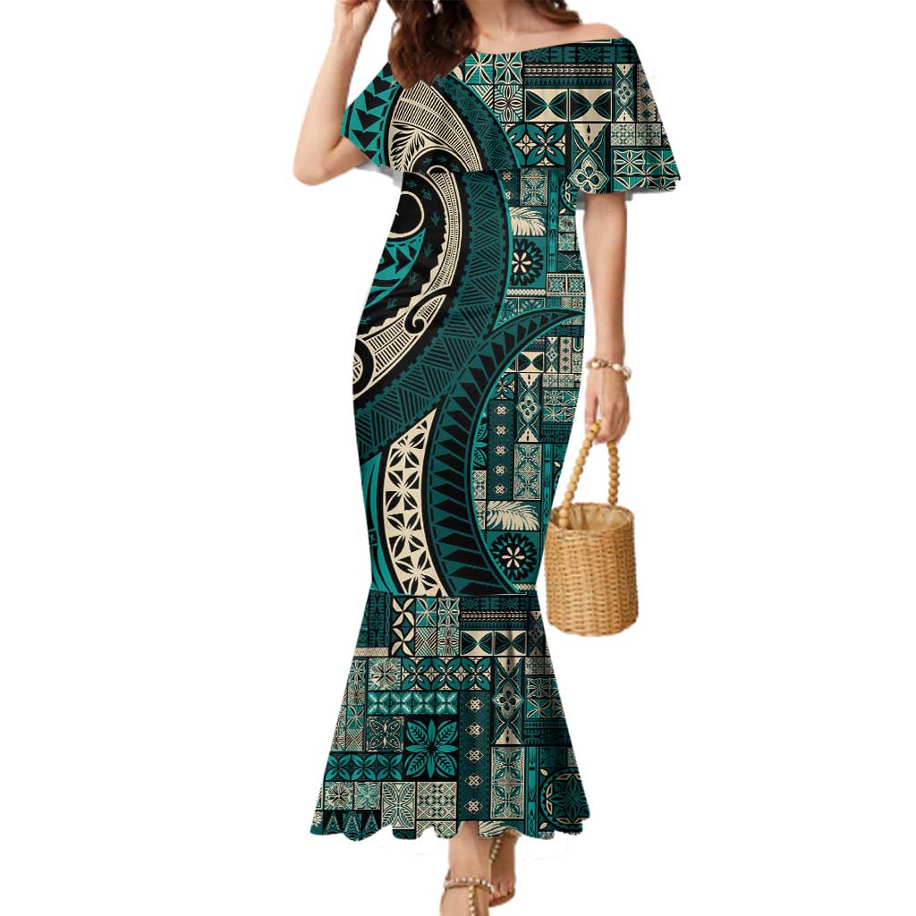 Vintage Samoa Siapo Mamanu Family Matching Mermaid Dress and Hawaiian Shirt Teal Samoan Tapa Motif - Polynesian Pride