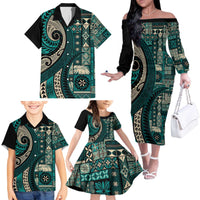 Vintage Samoa Siapo Mamanu Family Matching Off The Shoulder Long Sleeve Dress and Hawaiian Shirt Teal Samoan Tapa Motif - Polynesian Pride