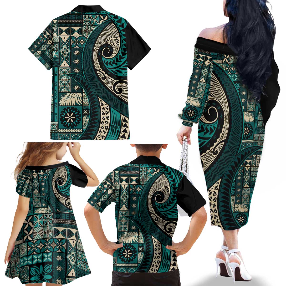 Vintage Samoa Siapo Mamanu Family Matching Off The Shoulder Long Sleeve Dress and Hawaiian Shirt Teal Samoan Tapa Motif - Polynesian Pride