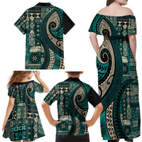 Vintage Samoa Siapo Mamanu Family Matching Off Shoulder Maxi Dress and Hawaiian Shirt Teal Samoan Tapa Motif - Polynesian Pride