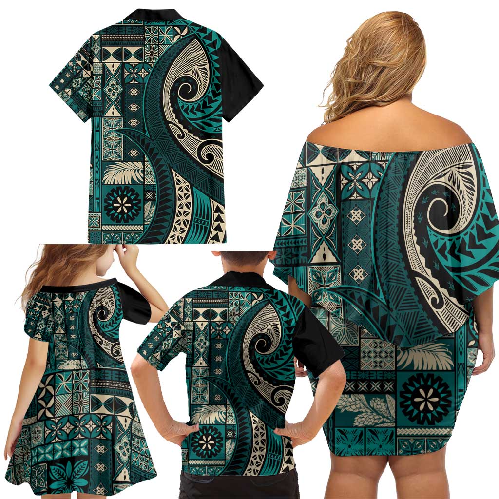Vintage Samoa Siapo Mamanu Family Matching Off Shoulder Short Dress and Hawaiian Shirt Teal Samoan Tapa Motif - Polynesian Pride