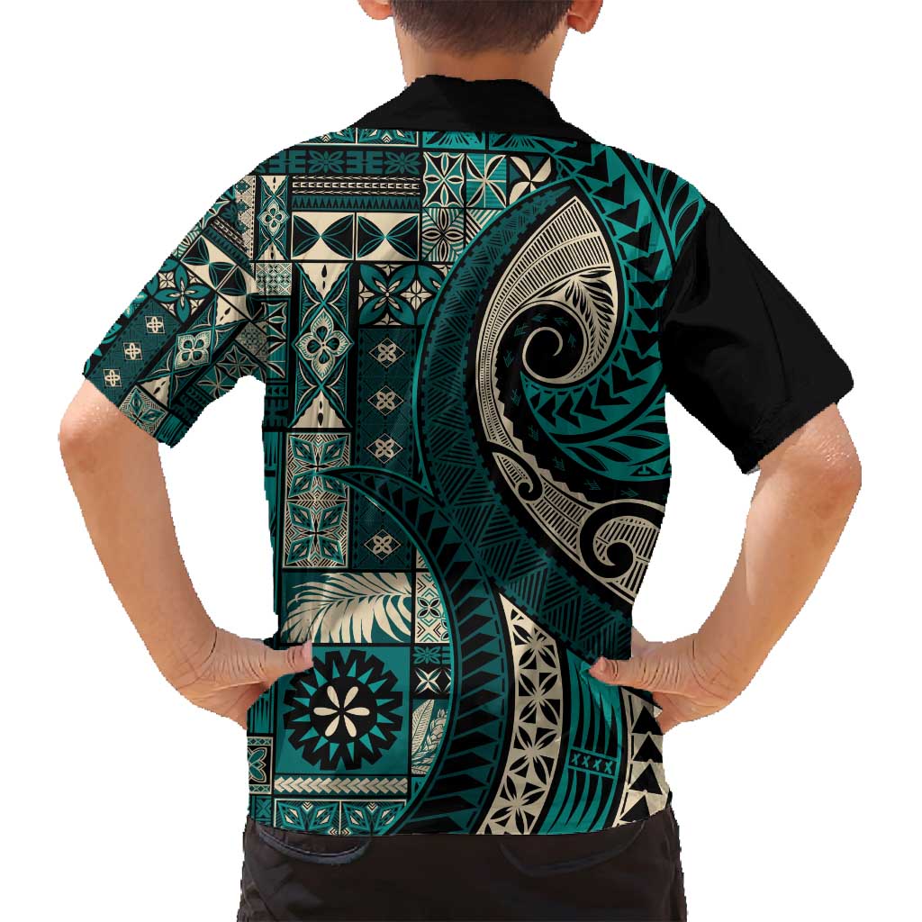 Vintage Samoa Siapo Mamanu Family Matching Puletasi and Hawaiian Shirt Teal Samoan Tapa Motif - Polynesian Pride