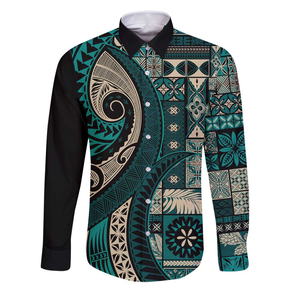 Vintage Samoa Siapo Mamanu Family Matching Puletasi and Hawaiian Shirt Teal Samoan Tapa Motif - Polynesian Pride