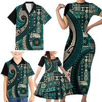 Vintage Samoa Siapo Mamanu Family Matching Short Sleeve Bodycon Dress and Hawaiian Shirt Teal Samoan Tapa Motif - Polynesian Pride