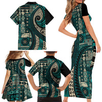 Vintage Samoa Siapo Mamanu Family Matching Short Sleeve Bodycon Dress and Hawaiian Shirt Teal Samoan Tapa Motif - Polynesian Pride