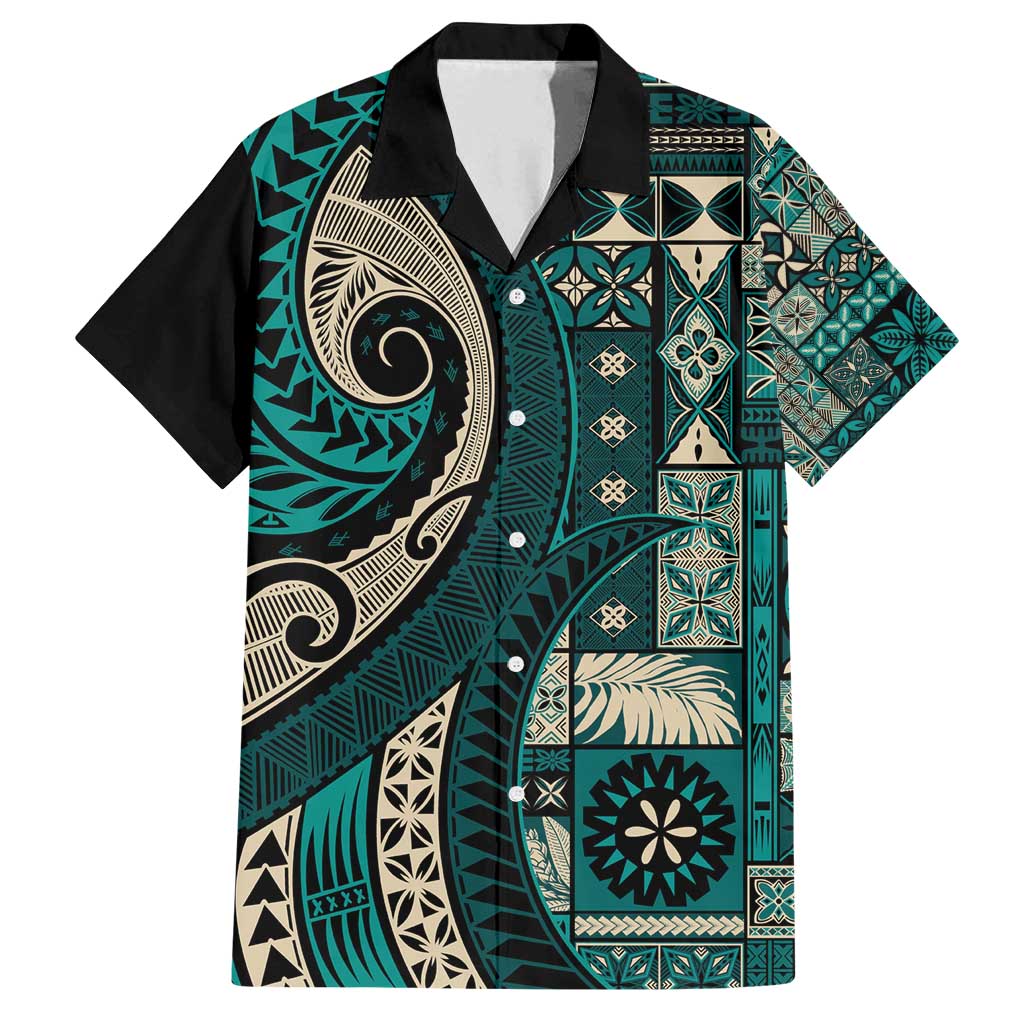 Vintage Samoa Siapo Mamanu Family Matching Summer Maxi Dress and Hawaiian Shirt Teal Samoan Tapa Motif - Polynesian Pride
