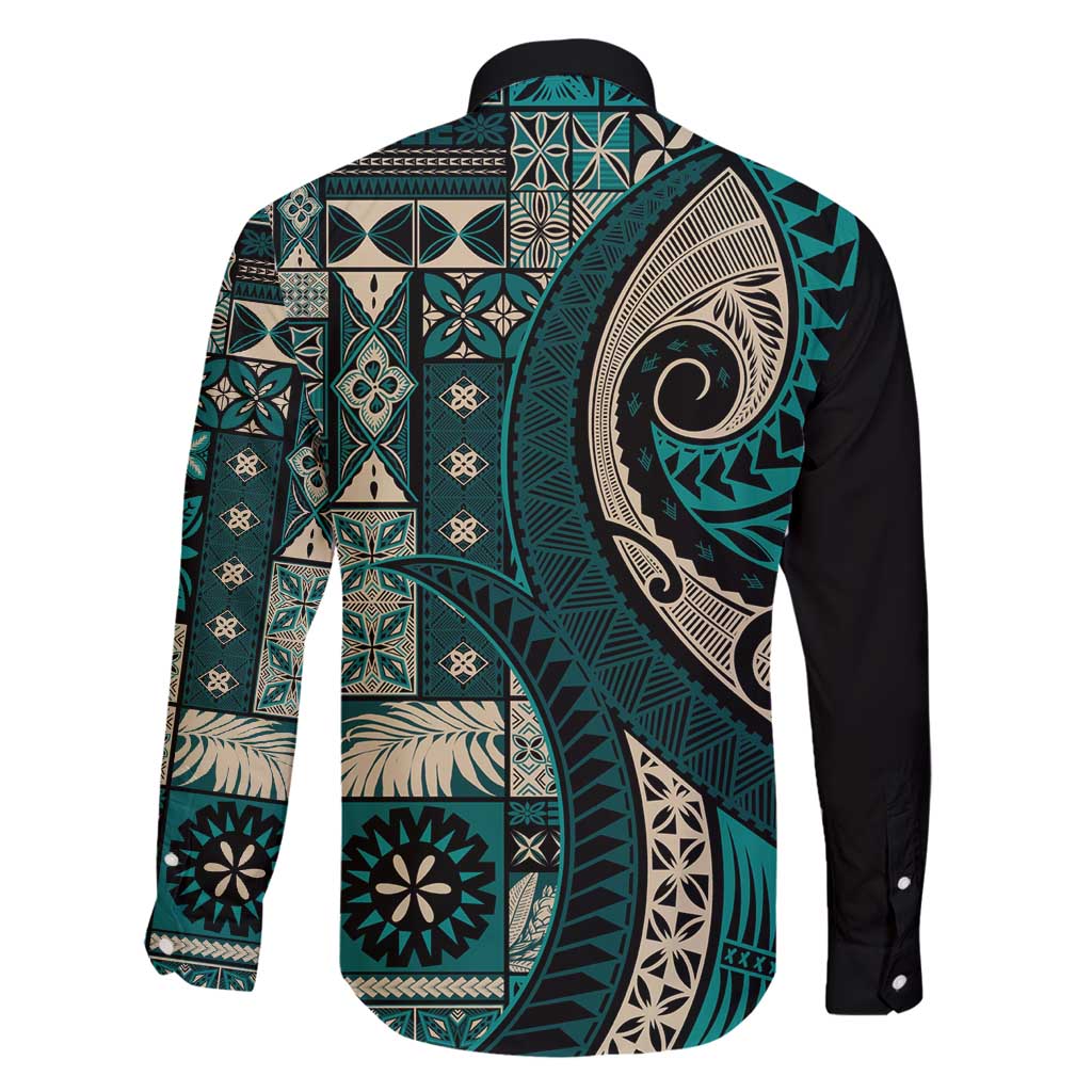 Vintage Samoa Siapo Mamanu Family Matching Summer Maxi Dress and Hawaiian Shirt Teal Samoan Tapa Motif - Polynesian Pride