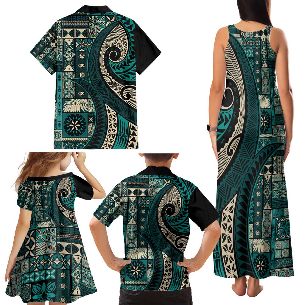 Vintage Samoa Siapo Mamanu Family Matching Tank Maxi Dress and Hawaiian Shirt Teal Samoan Tapa Motif - Polynesian Pride