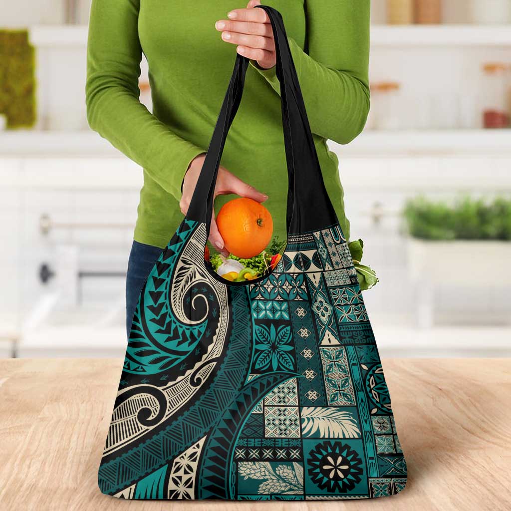 Vintage Samoa Siapo Mamanu Grocery Bag Teal Samoan Tapa Motif - Polynesian Pride